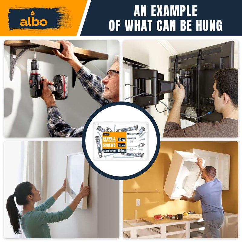 ALBO طقم مثبتات جدران جافة ذاتية الحفر EZ – مثبتات معدنية ثقيلة مع براغي (10 عبوة) – تحمل حتى 100 رطل – مثالية لبراغي التبديل للجدران الجافة والجدران المجوفة - Image 4